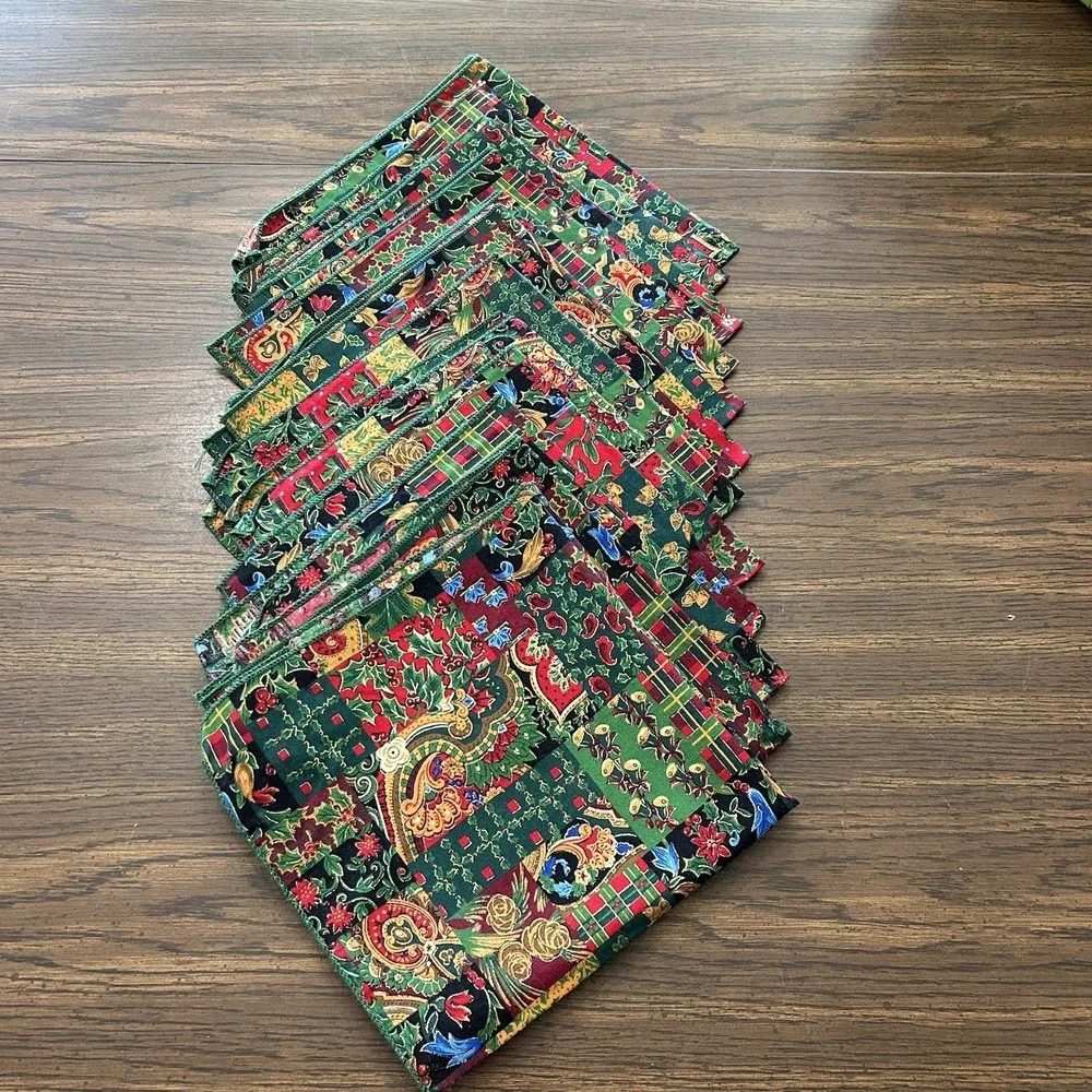 Vintage Handmade Christmas Cloth‎ Napkins Set Of 12 Holly Tartan Paisley 16x16